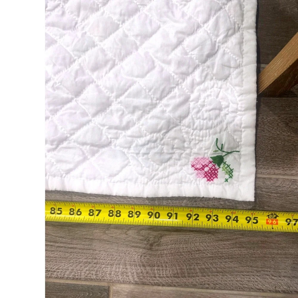 Vintage Handmade Cross Stitch Floral Quilt Cottagecore Pink Roses Full Queen